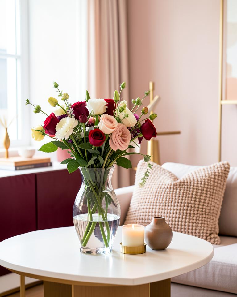 Flowers, candle and cushions in a bright rose-toned room