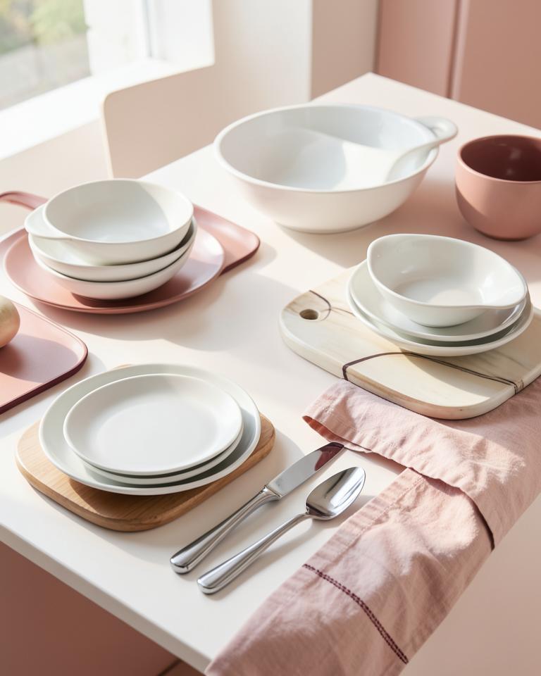 Blush and white tableware styled in a sunlit kitchen
