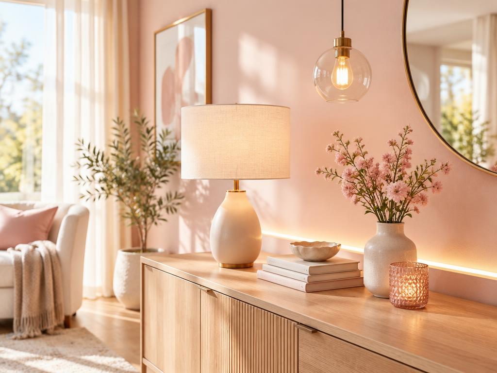 Table lamp, pendant light and LED strip glow in a bright blush room