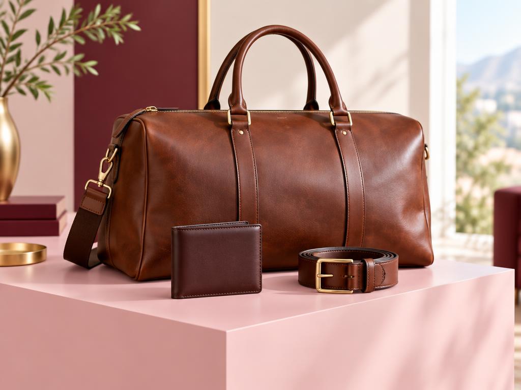 Leather weekend bag, wallet and belt on a blush plinth
