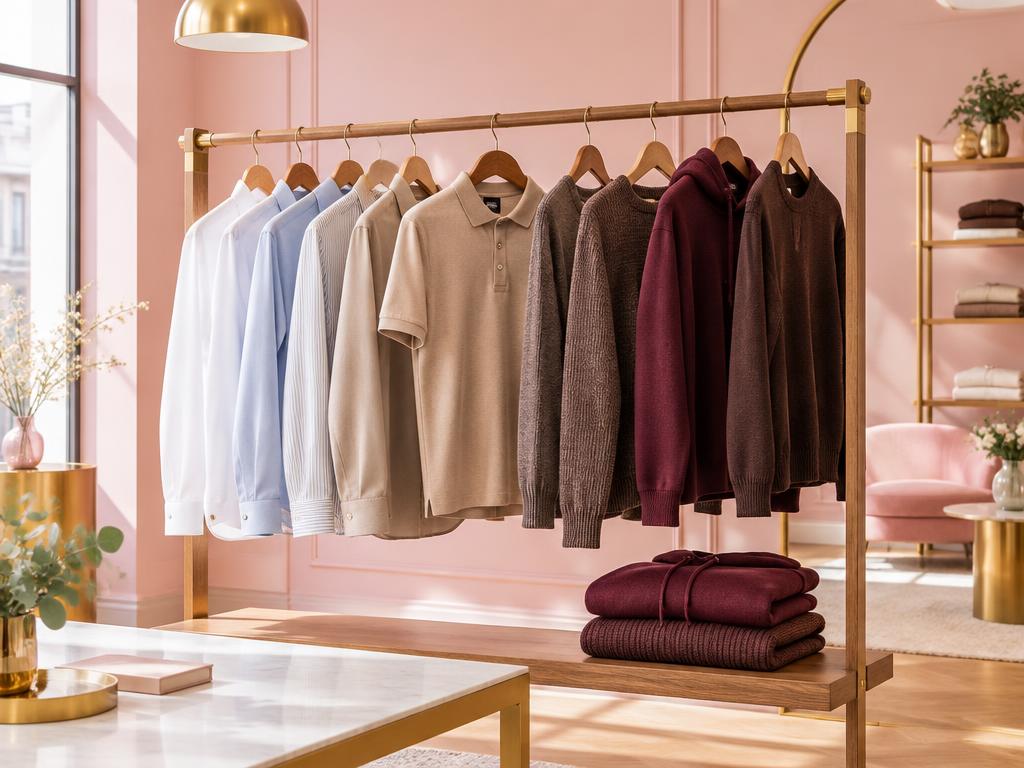 Men's shirts, polos and hoodies on a gold clothing rail in a rose-toned boutique