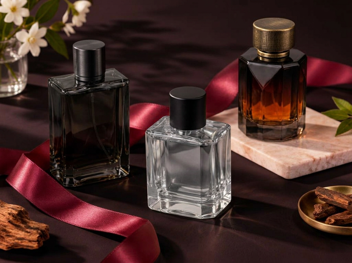 Elegant cologne bottles with gold caps and a burgundy ribbon