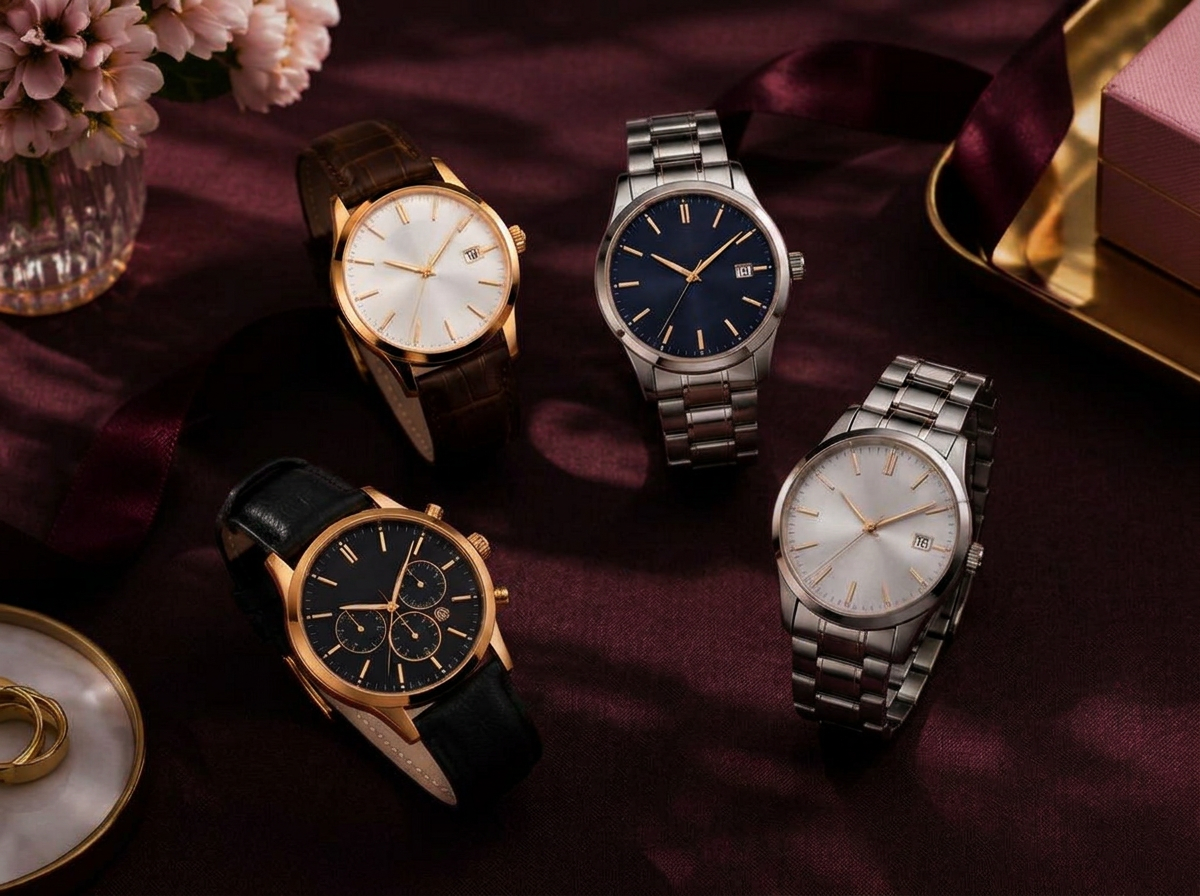Men's wristwatches with leather and steel straps styled on a blush surface
