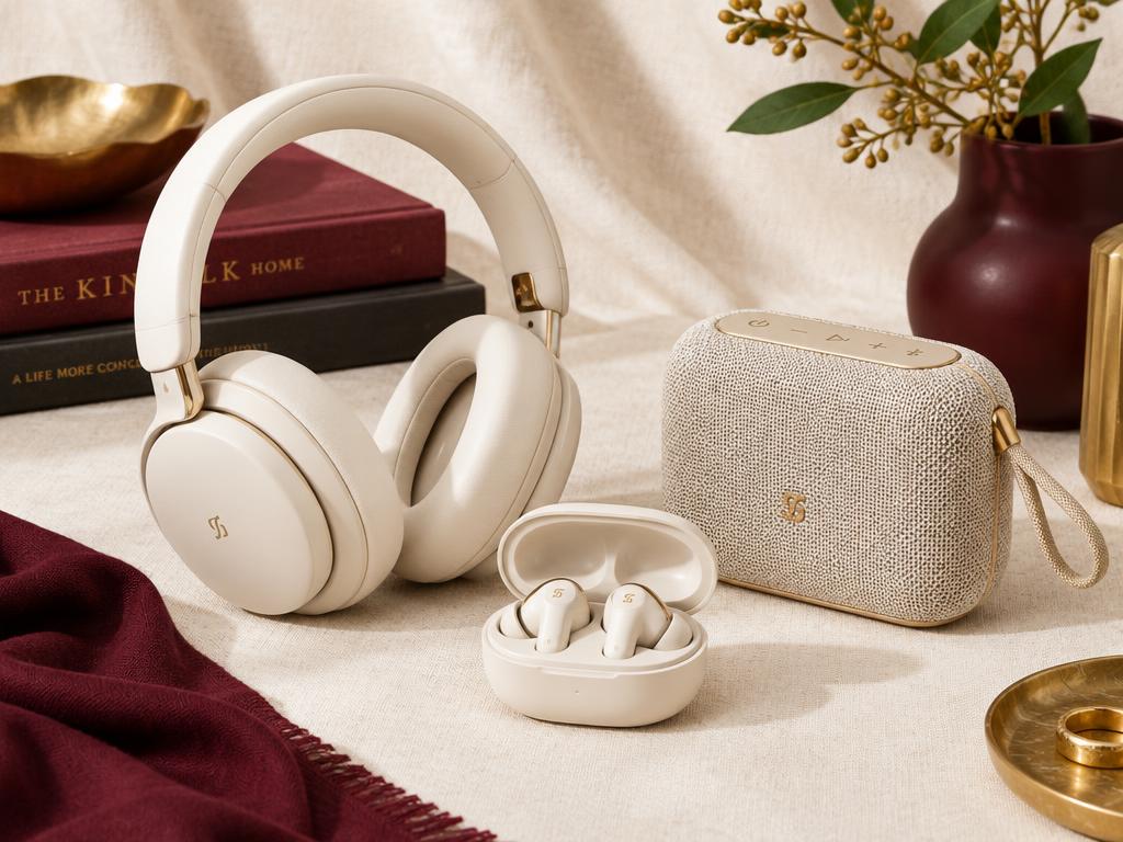Cream over-ear headphones, wireless earbuds and a pink fabric speaker on a blush surface