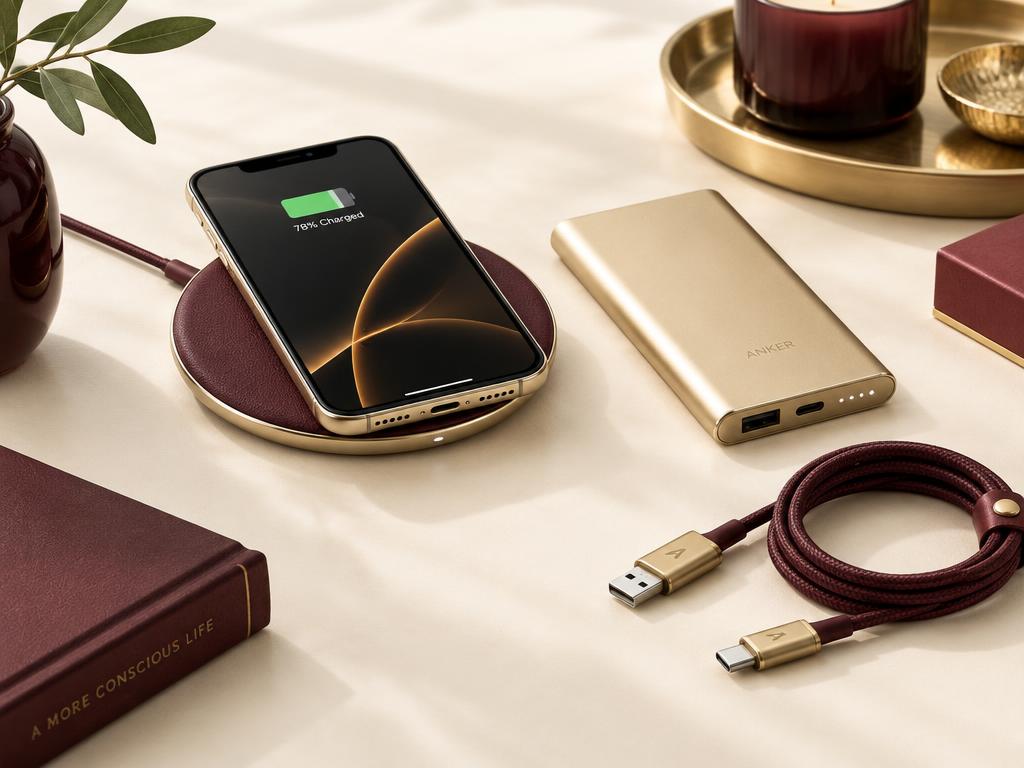 Wireless charging pad with phone, gold power bank and braided cables on a blush table