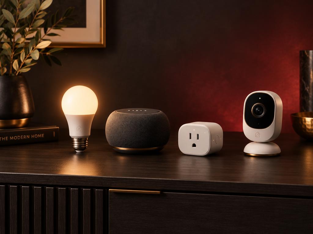 Smart bulb, speaker, smart plug and indoor camera styled on a rose-toned sideboard
