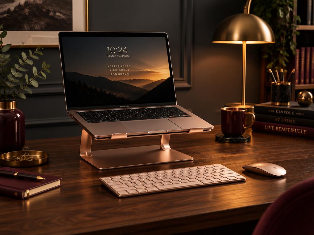 Rose-gold laptop stand, wireless keyboard and mouse in a blush home office