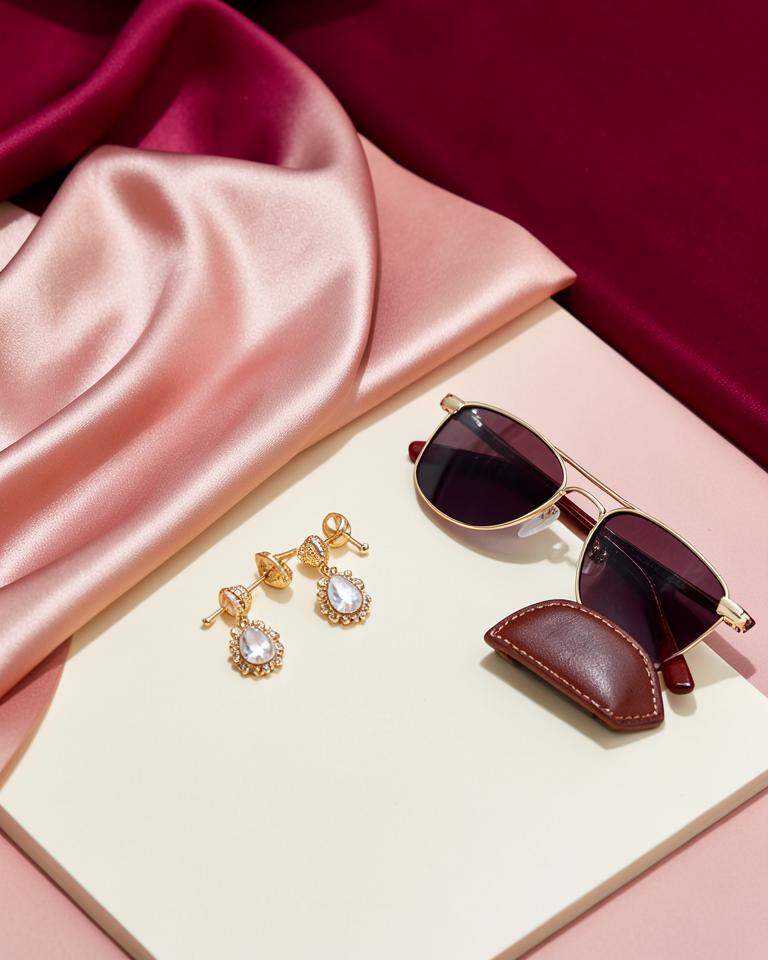 Gold jewellery, sunglasses and silk accessories