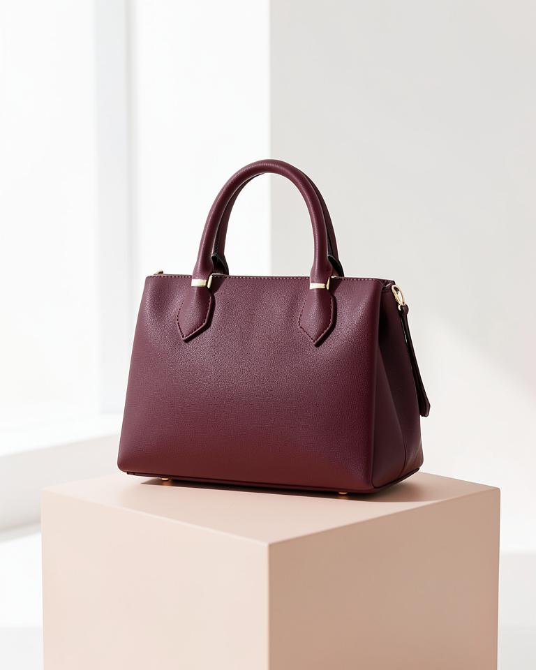 Structured burgundy handbag on a blush plinth
