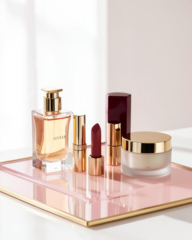 Perfume, lipstick and skincare in a rose and gold setting