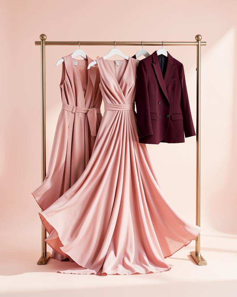 Rose dresses and burgundy tailoring on a clothing rail